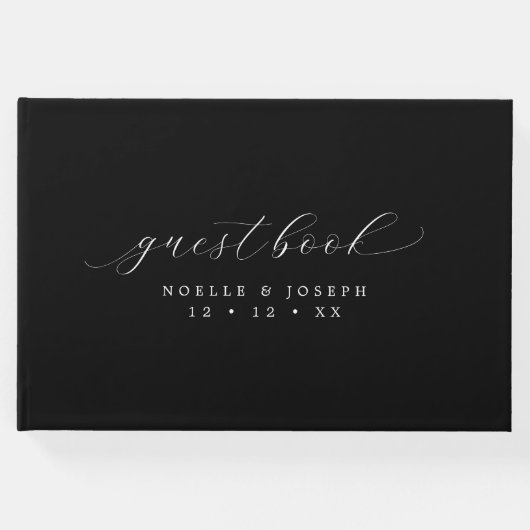 Minimalistisch zwart-wit Elegant Script bruiloft Gastenboek (Voorkant)