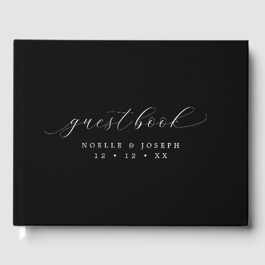 Minimalistisch zwart-wit Elegant Script bruiloft Gastenboek (Voorkant)