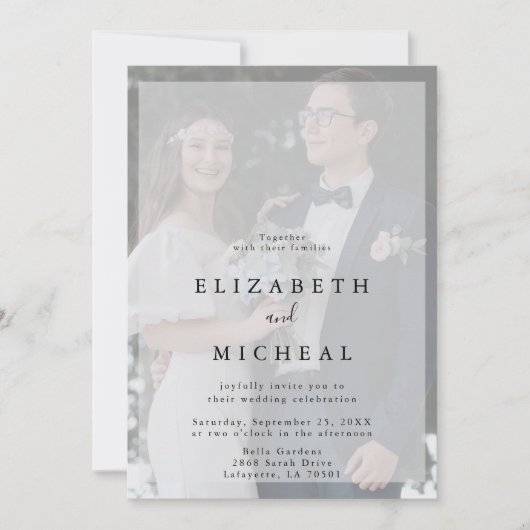 Minimalistisch zwart-wit Faux Vellum Photo Weddens Kaart (Voorkant)
