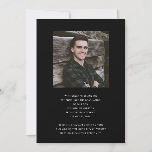 Minimalistisch zwart-wit foto Afstuderen Aankondiging (Achterkant)