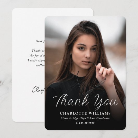 Minimalistisch zwart-wit foto Afstuderen Bedankkaart (Voorkant / Achterkant)
