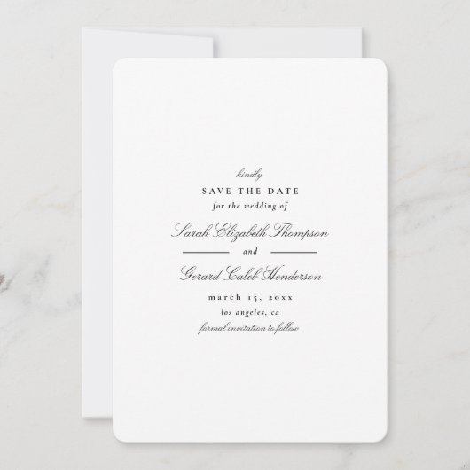 Minimalistisch zwart-wit foto-klassiek script save the date (Voorkant)