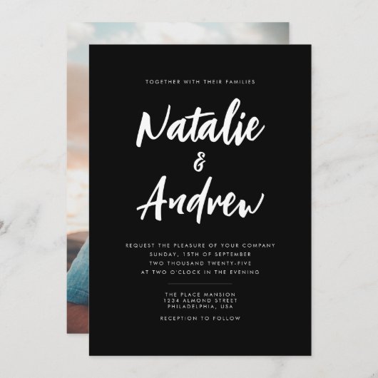 Minimalistisch zwart-wit fotoscript bruiloft kaart (Voorkant / Achterkant)