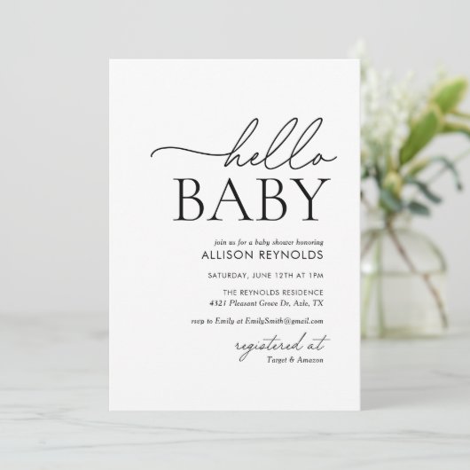 Minimalistisch zwart-wit Hallo Baby shower Kaart (Staand voorkant)