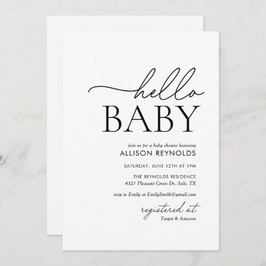 Minimalistisch zwart-wit Hallo Baby shower Kaart (Voorkant / Achterkant)