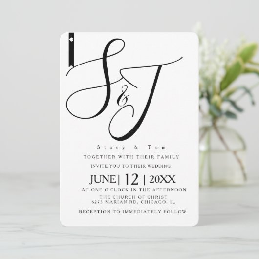 Minimalistisch zwart-wit hart monogrammen kaart (Staand voorkant)