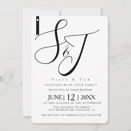 Minimalistisch zwart-wit hart monogrammen kaart (Voorkant)