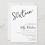 Minimalistisch Zwart Wit Hart Script Sweet Sixteen Kaart (Voorkant)