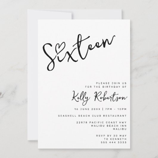 Minimalistisch Zwart Wit Hart Script Sweet Sixteen Kaart (Voorkant)