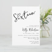Minimalistisch Zwart Wit Hart Script Sweet Sixteen Kaart (Staand voorkant)