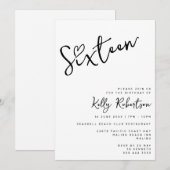 Minimalistisch Zwart Wit Hart Script Sweet Sixteen Kaart (Voorkant / Achterkant)