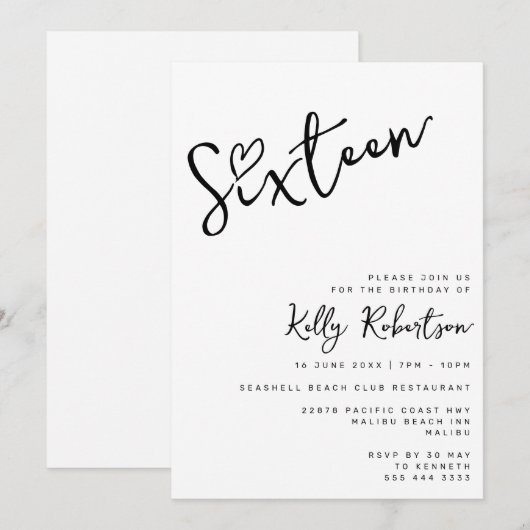 Minimalistisch Zwart Wit Hart Script Sweet Sixteen Kaart (Voorkant / Achterkant)