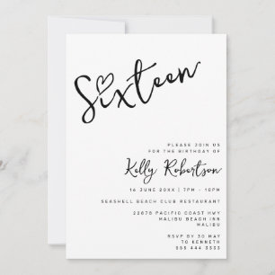 Minimalistisch Zwart Wit Hart Script Sweet Sixteen Kaart