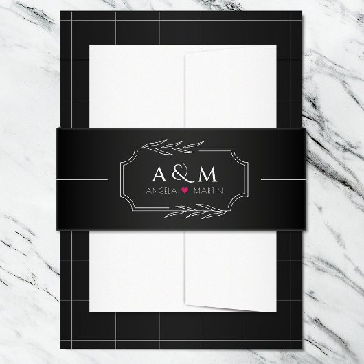 Minimalistisch zwart wit hart uitnodigingen wikkel