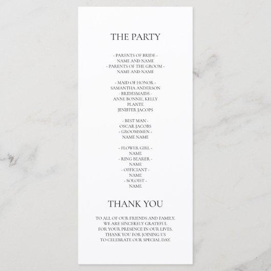 Minimalistisch zwart-wit huwelijksceremonie progra menu (Achterkant)