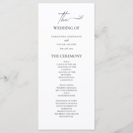Minimalistisch zwart-wit huwelijksceremonie progra menu (Voorkant)
