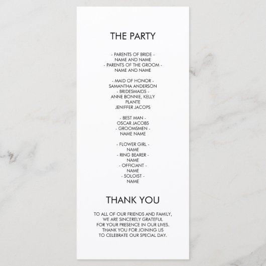 Minimalistisch zwart-wit huwelijksceremonie progra menu (Achterkant)
