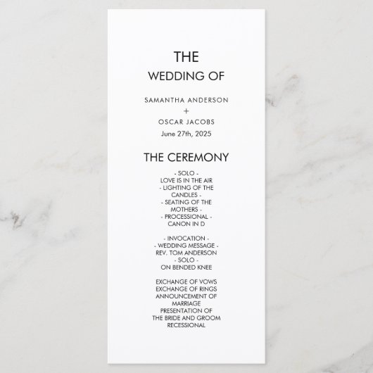 Minimalistisch zwart-wit huwelijksceremonie progra menu (Voorkant)