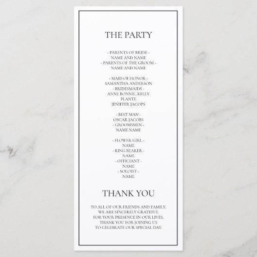Minimalistisch zwart-wit huwelijksceremonieprogram menu (Achterkant)