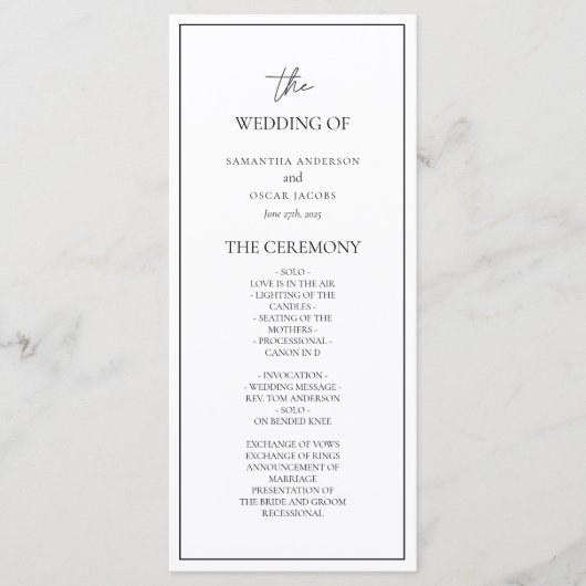 Minimalistisch zwart-wit huwelijksceremonieprogram menu (Voorkant)