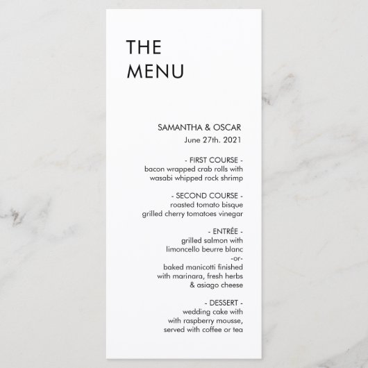 Minimalistisch zwart-wit huwelijksmenu menu (Voorkant)
