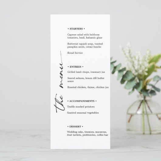 Minimalistisch zwart-wit huwelijksmenu met Vertica Menu (Staand voorkant)