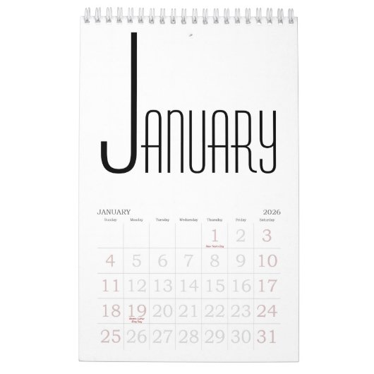 Minimalistisch zwart-wit kalender (Jan 2026)
