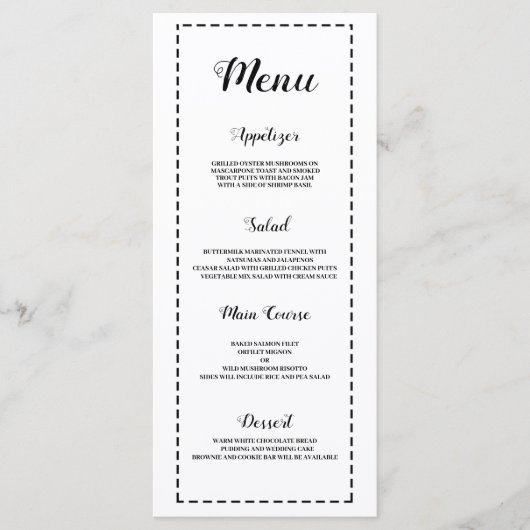 Minimalistisch zwart wit kalligrafie Bruiloft Menu (Voorkant)