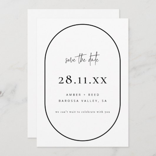 Minimalistisch zwart-wit met dubbelArch Retro Save The Date (Voorkant / Achterkant)