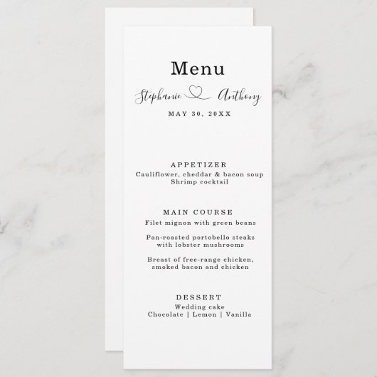 Minimalistisch zwart-wit met een harthuwelijk menu (Voorkant / Achterkant)