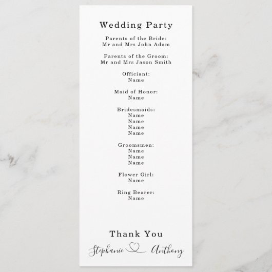 Minimalistisch zwart-wit met een harthuwelijk programmakaart (Achterkant)