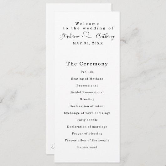 Minimalistisch zwart-wit met een harthuwelijk programmakaart (Voorkant / Achterkant)