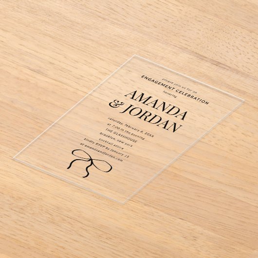 Minimalistisch zwart-wit met lint Verloving Acryl Uitnodigingen (Laagn)