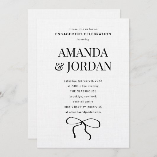 Minimalistisch zwart-wit met lint Verloving Kaart (Voorkant / Achterkant)