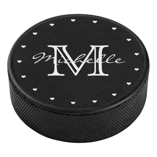 Minimalistisch zwart wit modern elegant monogram hockey puck (3/4)
