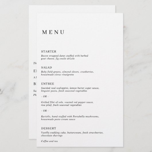 Minimalistisch zwart-wit modern huwelijksmenu (Voorkant / Achterkant)