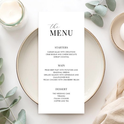 Minimalistisch zwart-wit modern huwelijksmenu menu