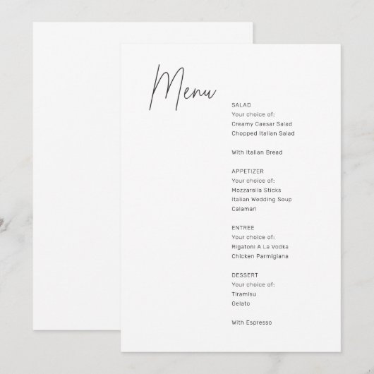 Minimalistisch zwart-wit modern huwelijksmenu menu (Voorkant / Achterkant)