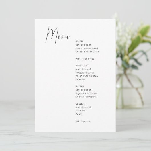 Minimalistisch zwart-wit modern huwelijksmenu menu (Staand voorkant)