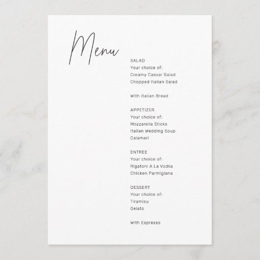 Minimalistisch zwart-wit modern huwelijksmenu menu (Voorkant)