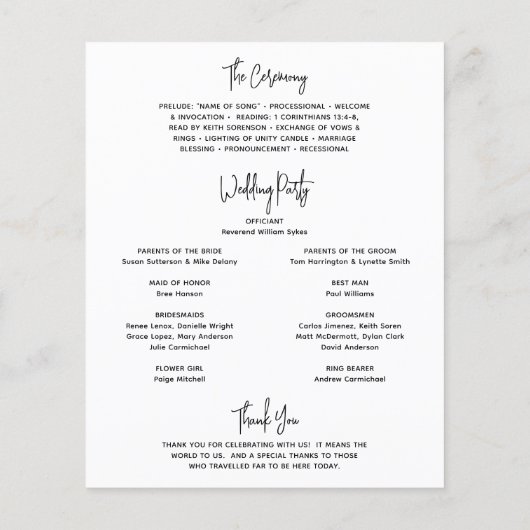Minimalistisch zwart-wit modern huwelijksprogramma (Achterkant)