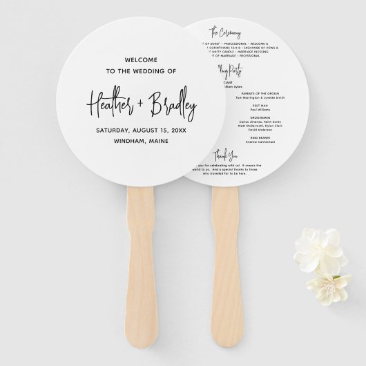 Minimalistisch zwart-wit modern huwelijksprogramma handwaaier (Voorkant en achterkant)