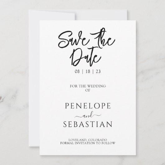 Minimalistisch zwart-wit Modern Monogram Bruiloft Save The Date (Voorkant)