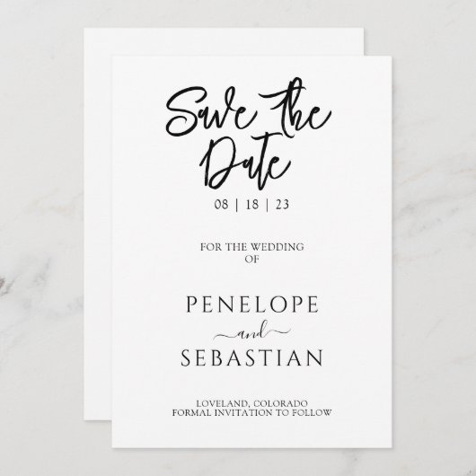 Minimalistisch zwart-wit Modern Monogram Bruiloft Save The Date (Voorkant / Achterkant)