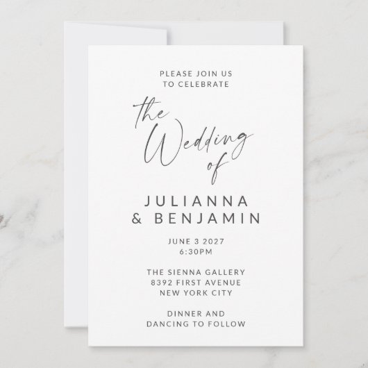 Minimalistisch zwart-wit modern script bruiloft kaart (Voorkant)