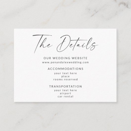 Minimalistisch zwart-wit, modern script informatiekaartje (Voorkant)