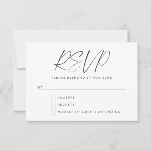 Minimalistisch zwart-wit, modern script RSVP kaartje (Voorkant)