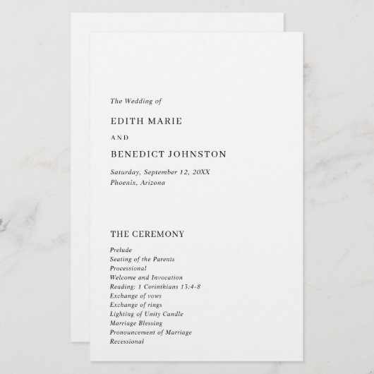 Minimalistisch zwart-wit modern trouwprogramma (Voorkant / Achterkant)
