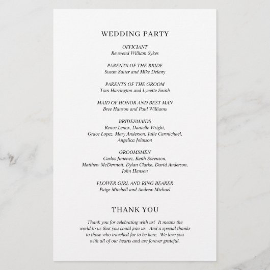 Minimalistisch zwart-wit modern trouwprogramma flyer (Achterkant)