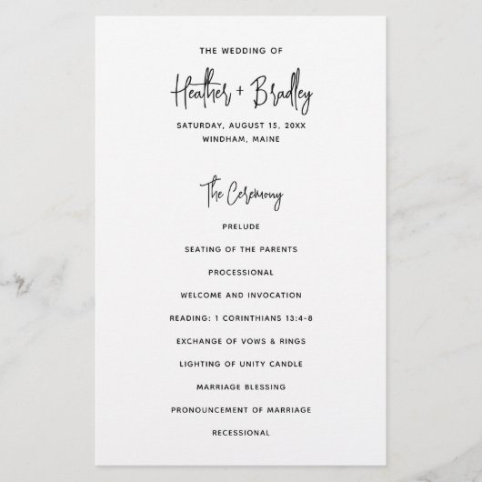 Minimalistisch zwart-wit modern trouwprogramma flyer (Voorkant)